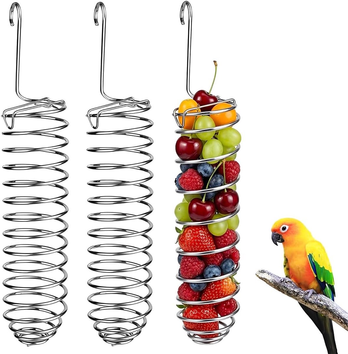 3 Pezzi Cestino Per Alimenti, Installazione Semplice Pulito E Igienico, Mangiatoia Inox Per Frutta E Verdura Per Pappagalli, Fringuelli (Inox, 3 Pezzi)