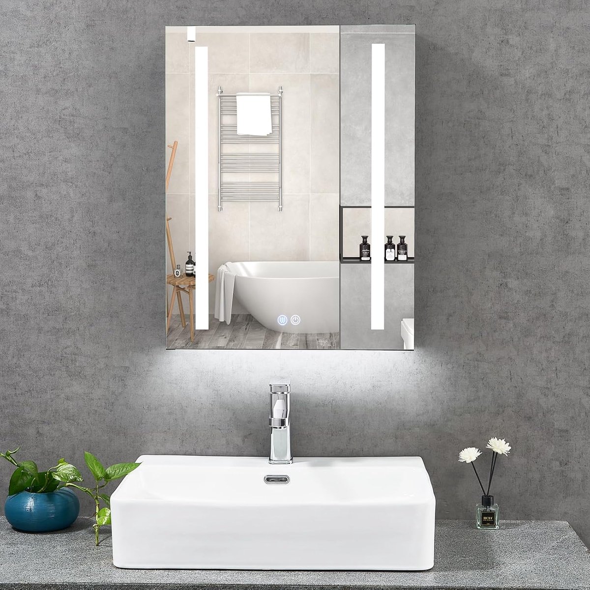 Led-badkamerspiegelkast met verlichting en ontwaseming, 50 x 65 cm, met onderste omgevingsverlichting, stopcontact en USB-stopcontact, wandkast van aluminiumlegering, voor badkamer, spiegel