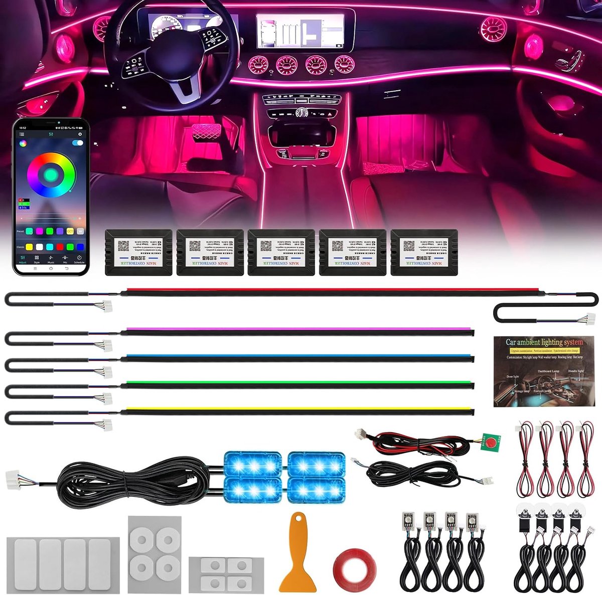 Led-binnenverlichting voor de auto, 6-in-1 RGB acryl binnenverlichting, led-strip, 64 kleuren, universele streamer, decoratie, interieur, auto, dynamische sfeer, neonlicht met app-bediening,
