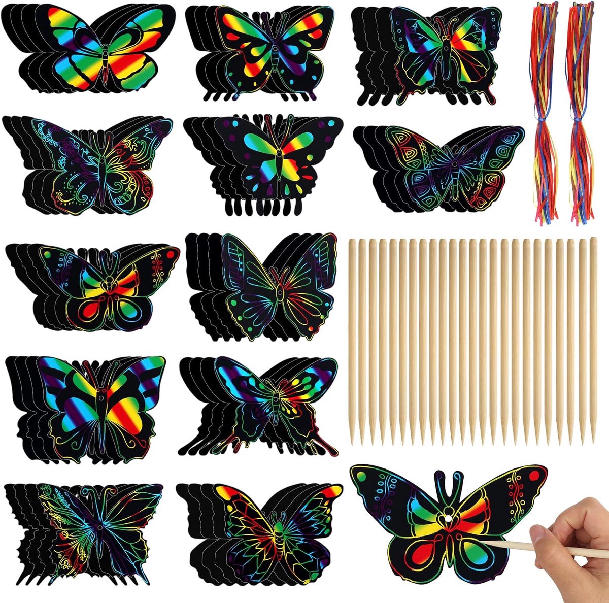 48 stuks krasafbeeldingen vlinder, 12 stijlen vlinders kraspapier voor kinderen en volwassenen, regenboog scratch painting, DIY kraspapier voor vlinders knutselen, feestcadeautjes