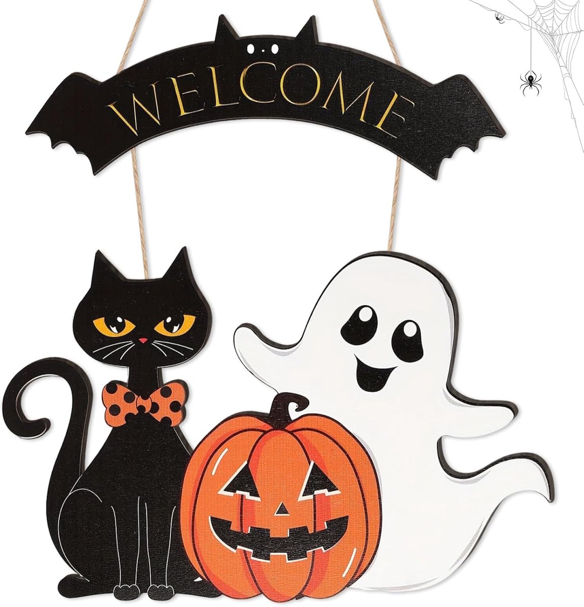 Decoratief deurbord, Halloween deurdecoratie van hout, 35 cm, huisdeurdecoratie met welkomstopschrift, pompoen, geest, zwarte kat en vleermuis voor binnen en buiten, huisdeur, wanddecoratie
