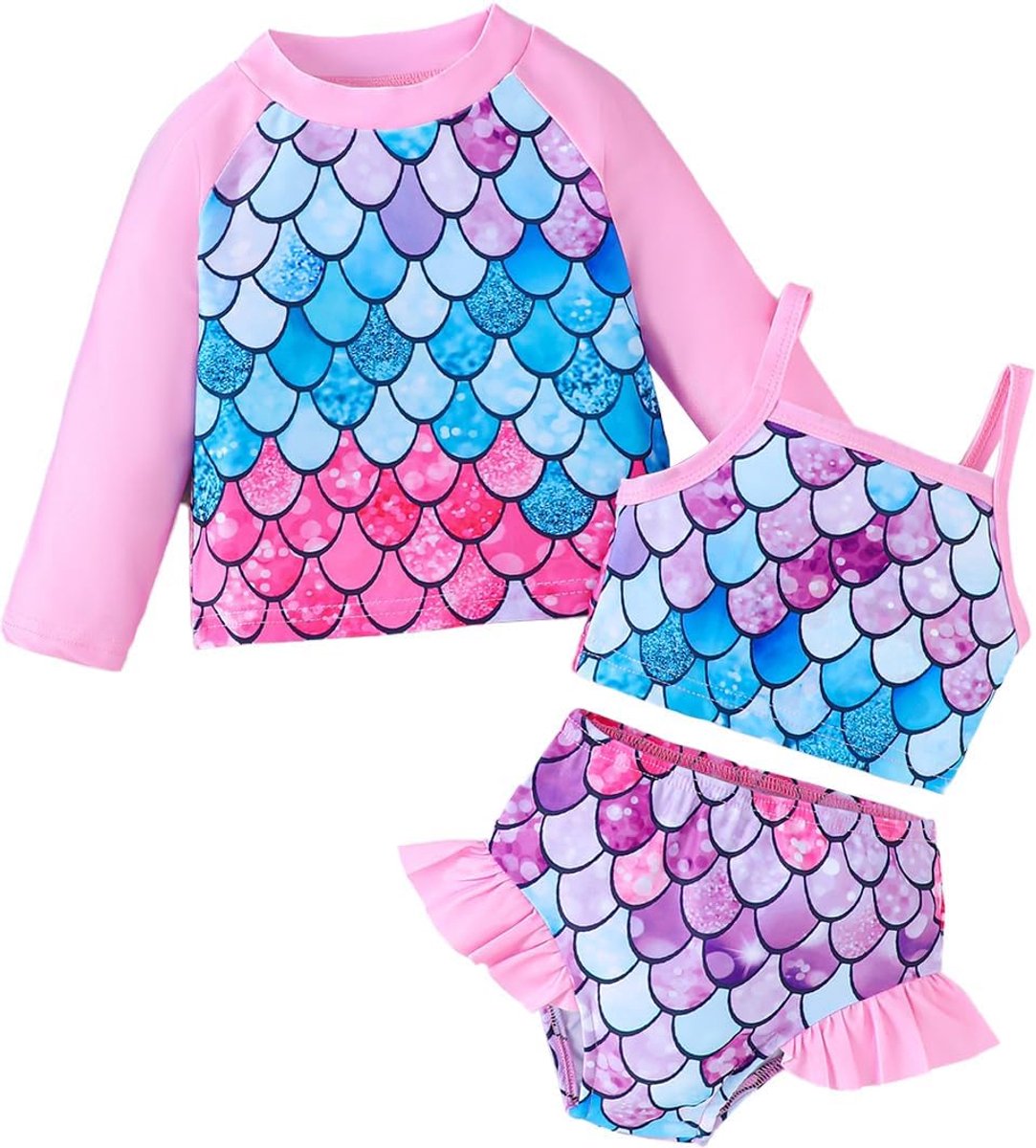 3-delige rashguard badpakset voor kleine meisjes met lange mouwen, badmode, tankini, UPF-zonbescherming voor zomer, badkleding, 12 maanden - 5 jaar
