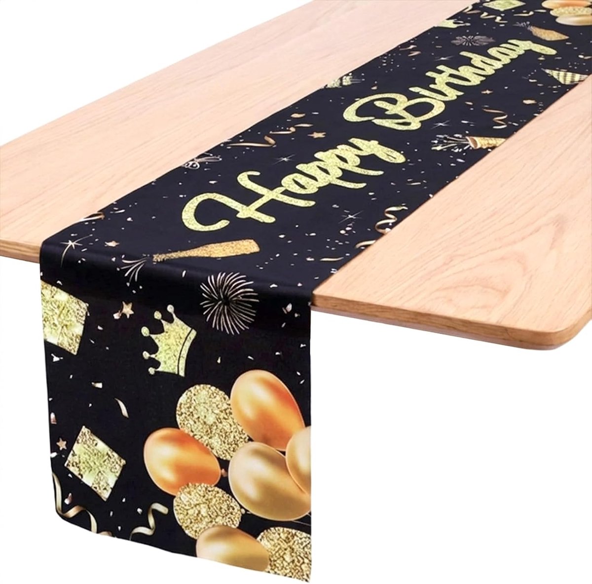 Tafelloper met de tekst "Happy Birthday", 183 x 33 cm, zwart-gouden tafelloper voor verjaardagen, vintage stijl eettafeldecoratie voor mannen en vrouwen, binnen- en buitenfeest (Stijl B)