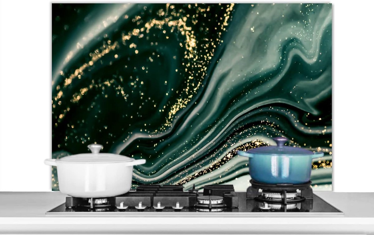 Spatscherm Keuken - 100x65 cm - Marmerlook - Goud - Groen - Glitter - Design - Marmer