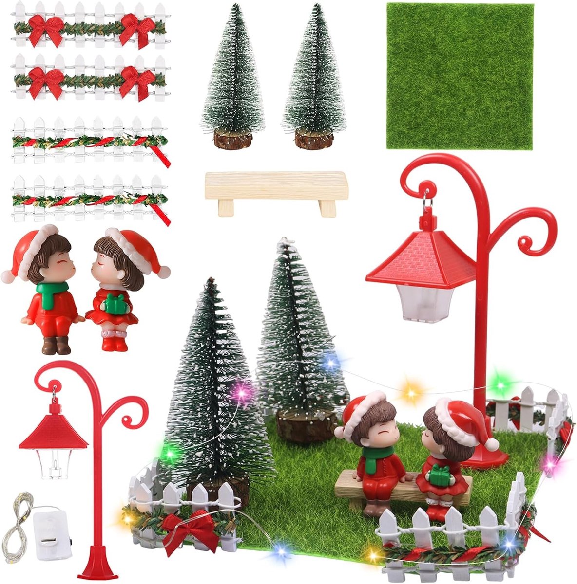 Miniatuurtuin Accessoires voor Kerstmis - 12 Stuks Tuinbank, Straatlamp en Gnome met LED Fairy String Lights voor Micro Landschap