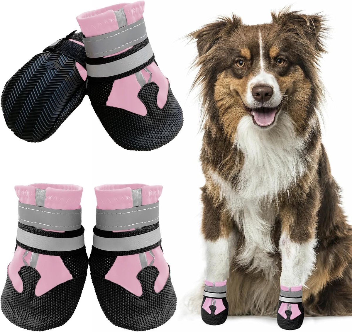 Schoenen, pootbescherming, 4 stuks, waterdicht, antislip, hondenlaarzen met antislipzool en reflecterende klittenbandsluiting, voor kleine, middelgrote en grote honden (roze, M)