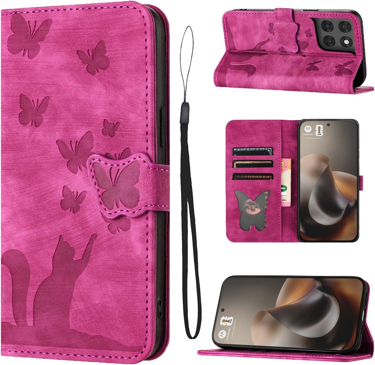 Telefoonhoesje voor Motorola Moto G67/G77, PU-leer, vlinderkat, beschermhoes, hoes met kaartsleuven, inklapbaar, flip case, standfunctie, roze