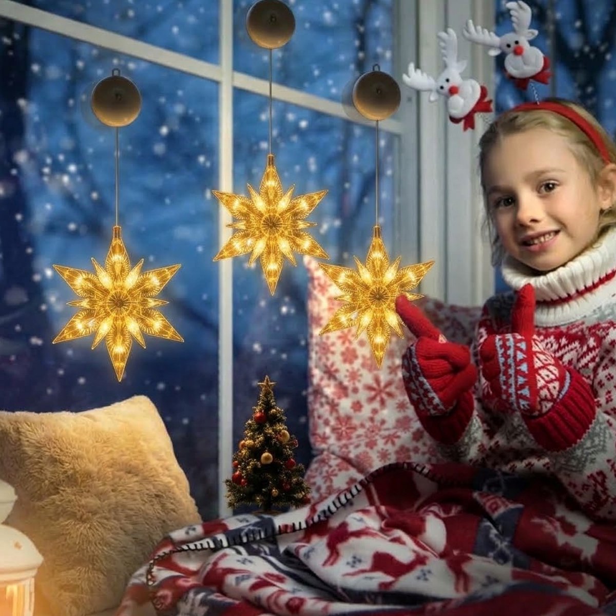 Luckystar LED Kerstverlichting Raam - 3 Sneeuwvlokken - Warm Wit - 20 cm - Op Batterijen - Met Zuignap – foto 7