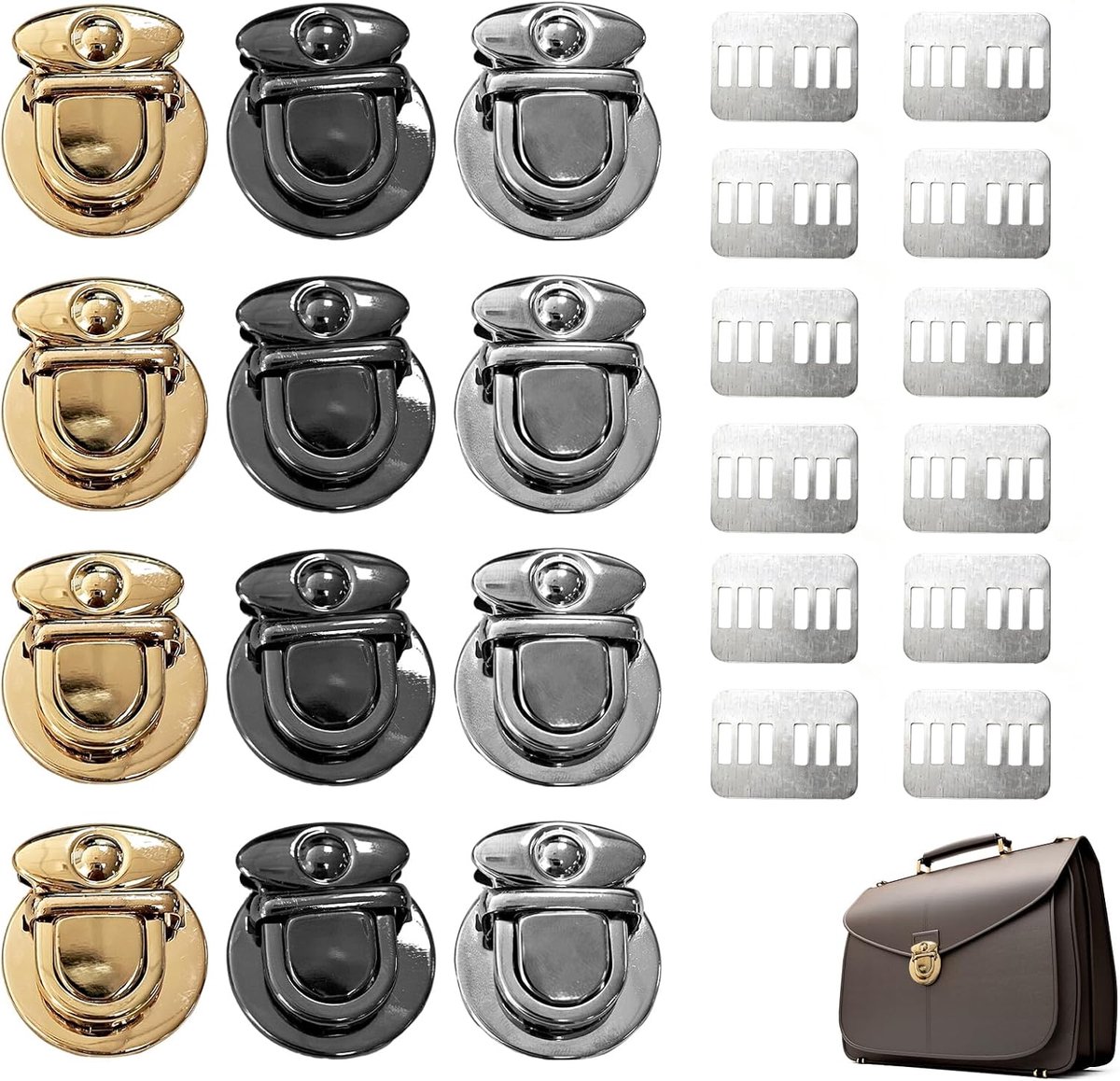 Set van 24 metalen handtassluitingen met afstandhouders, robuuste naaiaccessoires voor rugzakken, koffers en haaktassen, in zilver, goud en zwart, veilige en decoratieve bevestigingsoplossingen