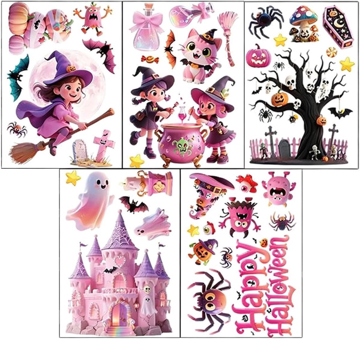 Raamafbeeldingen voor Halloween, 5 vellen, afneembaar, herbruikbaar, roze, pompoen, heks, kasteel, raamdecoratie, voor Halloween-feesten, kinderkamer