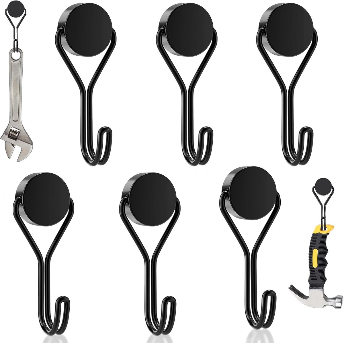 Magneethaken, 6 stuks draaibare metallische haken, neodymium, 16 millimeter, magnetische haken, voor grill, keuken, kasten, kantoor, koelkasten, zwart
