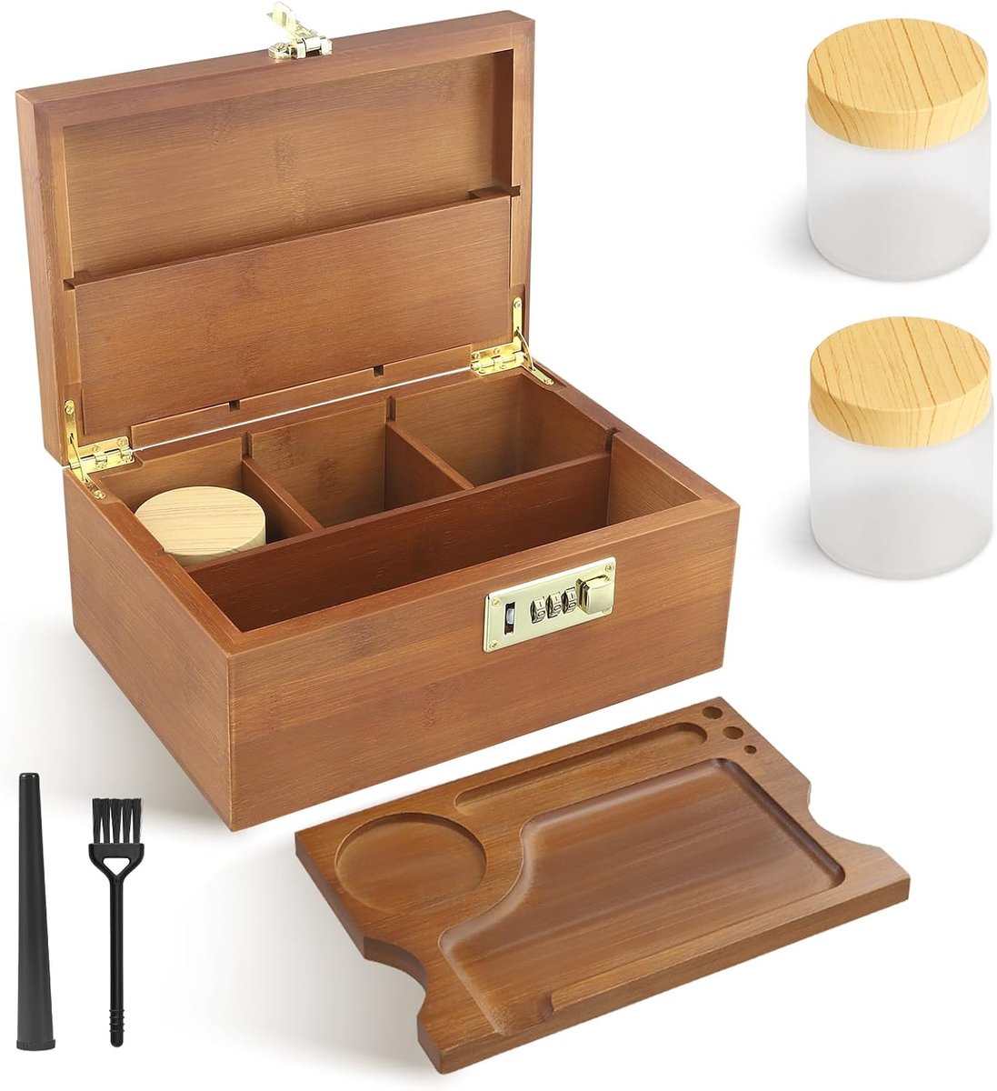 Bamboebox met cijferslot, opbergset van hout, 2 glazen + borstels + opbergbuizen, roltabletset, opbergdoos van hout voor kruiden en accessoires (bruin)
