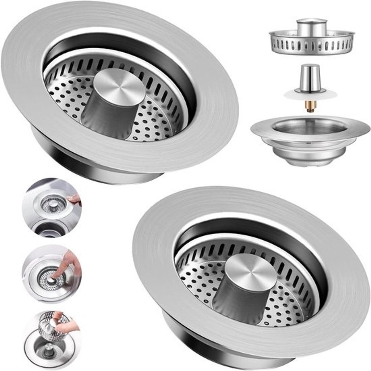 Set van 2 universele spoelbakstops met zeef voor keuken en wastafel