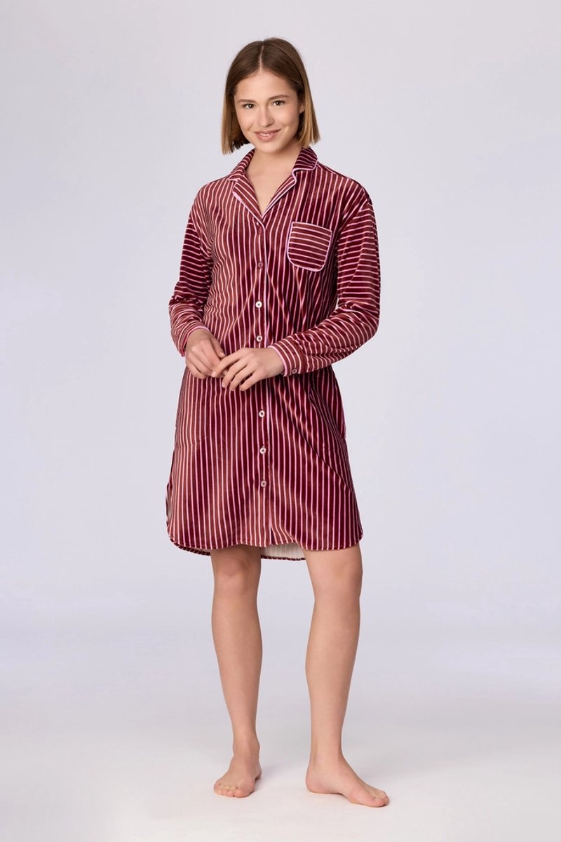 Woody slaapkleed dames doorknoop velours - bordeaux/roze gestreept - 262-15-TDA-V/979