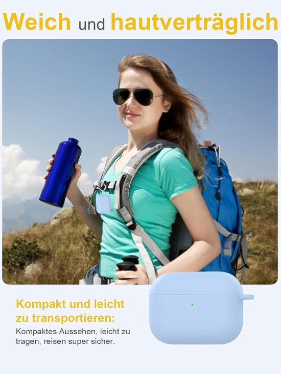 Hoesje voor Apple AirPods Pro 3 draadloze hoofdtelefoon, daunke zachte siliconen beschermhoes, huidvriendelijke hoes met karabijnhaak, volledige bescherming, helderblauw — afbeelding 5