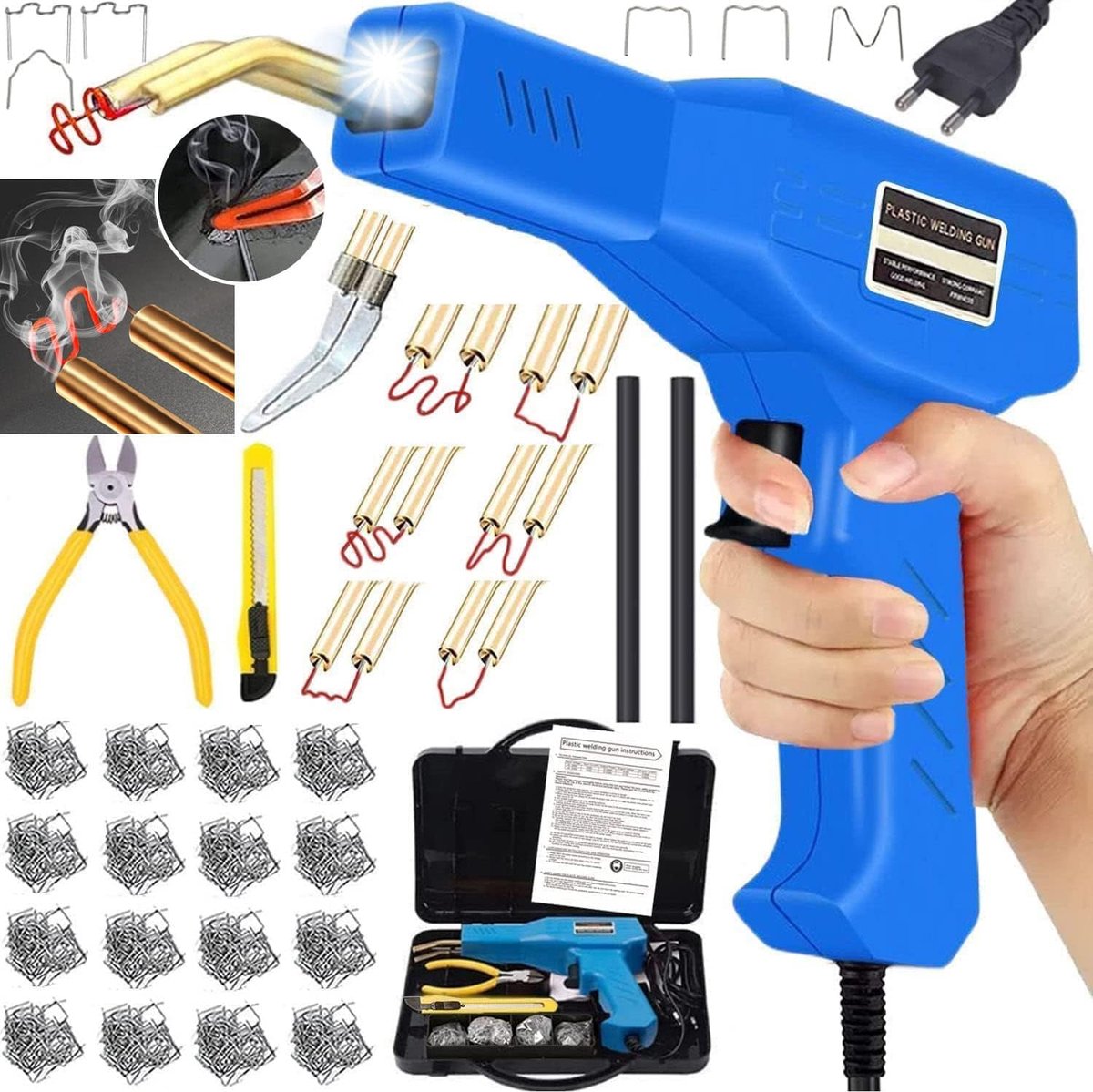 220 W kunststof soldeerbout, 2-in-1 lassen, reparatieset voor autobumpers, met 800 klemmen, spatel, tang, mes en lasstaven