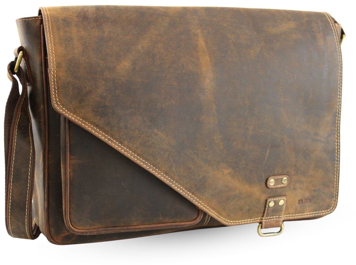 Fana Bags® Leren Schoudertas Bruin - XXL Buffelleer Schoudertas 44 cm – Extra Grote Tas – A4 Messengertas – 17 inch Laptopvak – Heren & Dames – Vintage Crossbody – Echt Leer
