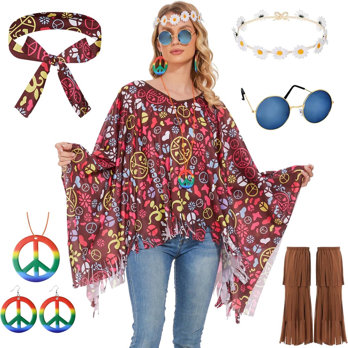 Hippiekostuum voor dames, set met 6 accessoires voor hippiekostuum, jaren '60 en 70, poncho met hippie-bril, geschikt voor Halloween, vette dinsdag