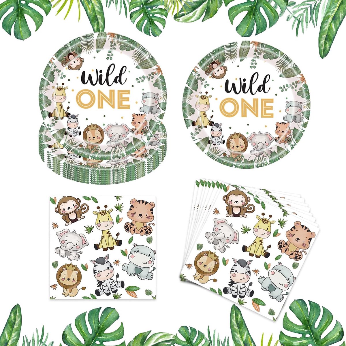 Safari partyserviesset voor 20 gasten, Wild One verjaardagsdecoratie, feestservies, kinderverjaardag, jungle, safari, feestborden, kinderverjaardag, servetten, verjaardagsdecoratie