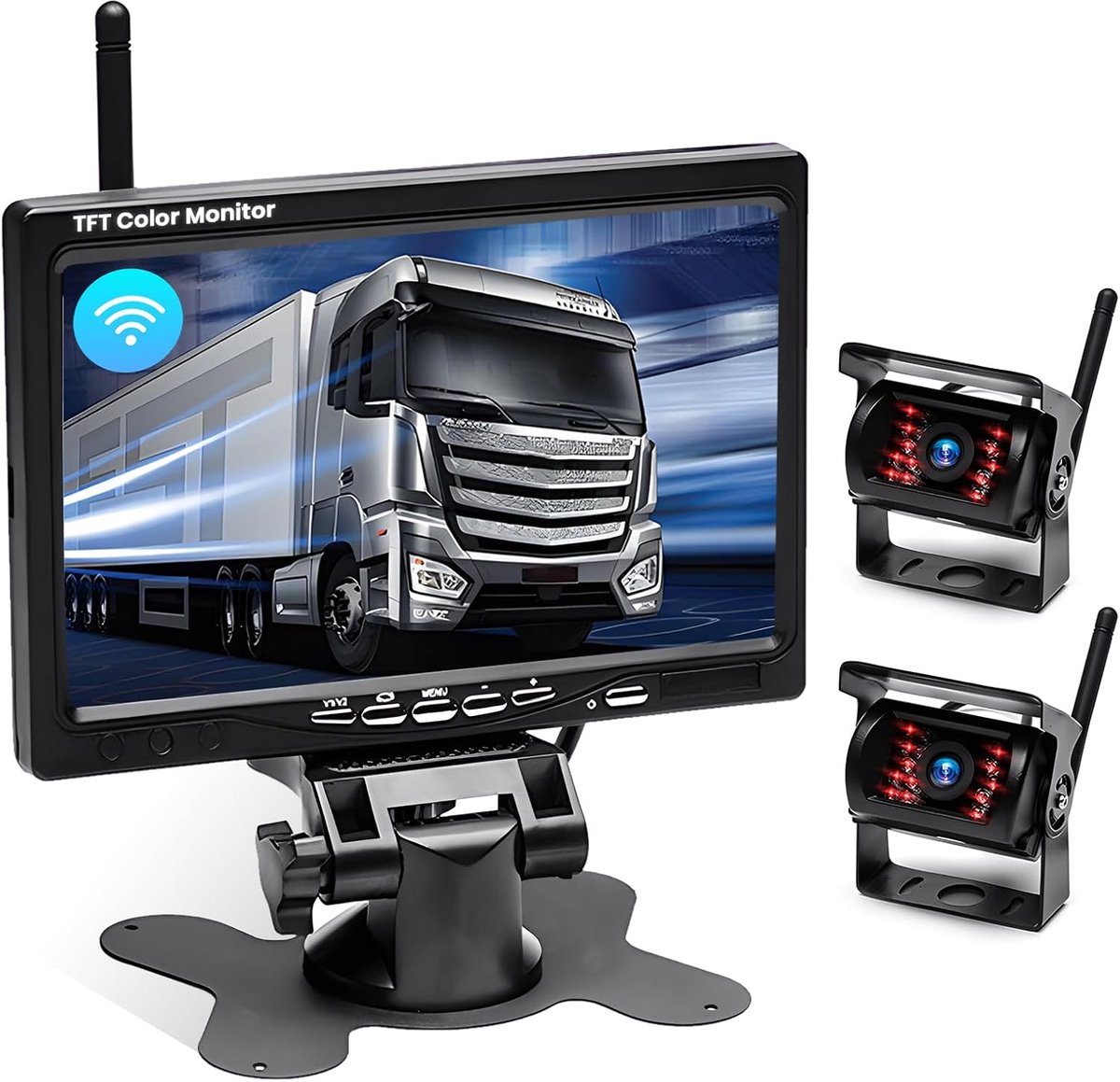 Achteruitrijcamera met 7 Inch Monitor Kit met 2 Achteruitrijcamera's Draadloze AHD Nachtzicht IP67 Waterdicht voor Vrachtwagen RV Camper DC 12-36V