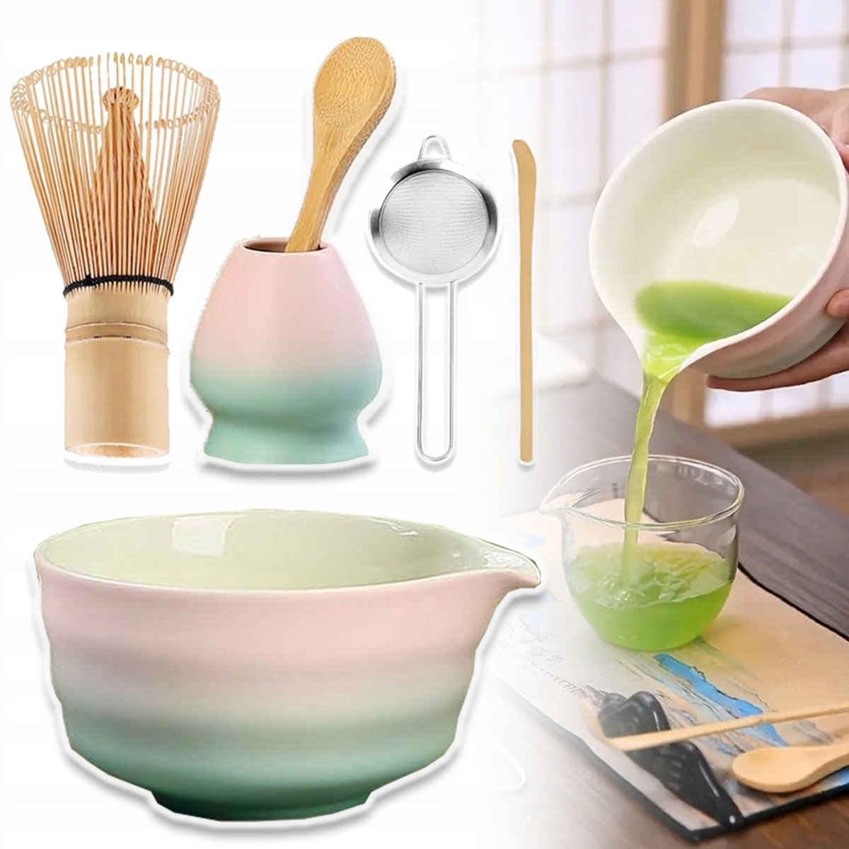 8-Delige Matcha Thee Set - Authentieke Japanse Matcha Kit met Kom Bamboe Klopper Zeef Lepel Accessoires - Luxe Geschenkdoos - Ideaal voor Kerstcadeau Sinterklaascadeau Verjaardag - Gradient Roze