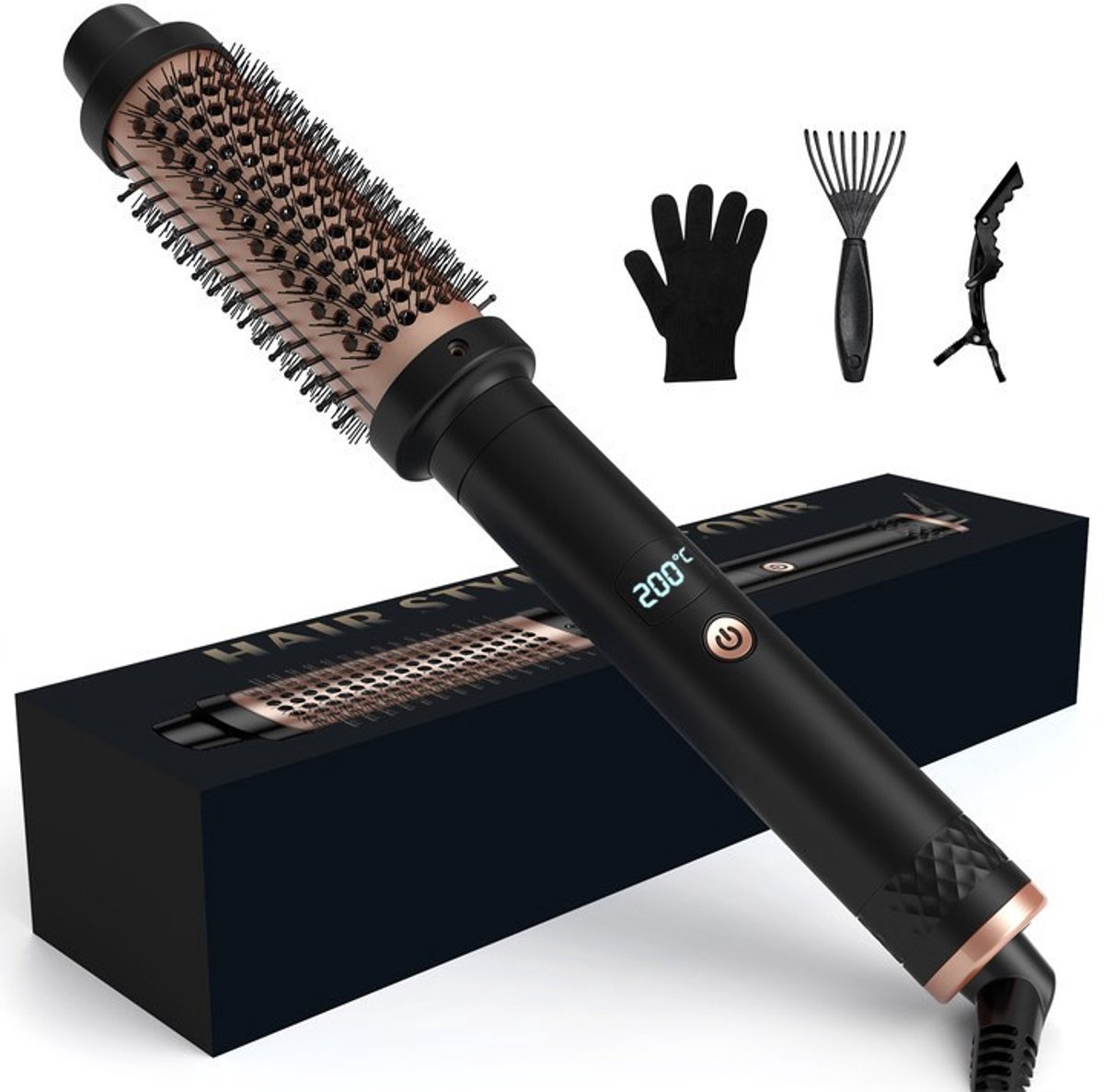 Thermal Brush 38mm - Warmteborstel met LCD-scherm (120-200°C) - Ronde Krulborstel & Hairstyler - Gebruik als Kam - Strijkijzer - Krultang - T- elektrische borstel voor krullend haar - stijlborstel voor professioneel elektrisch haar - zwart