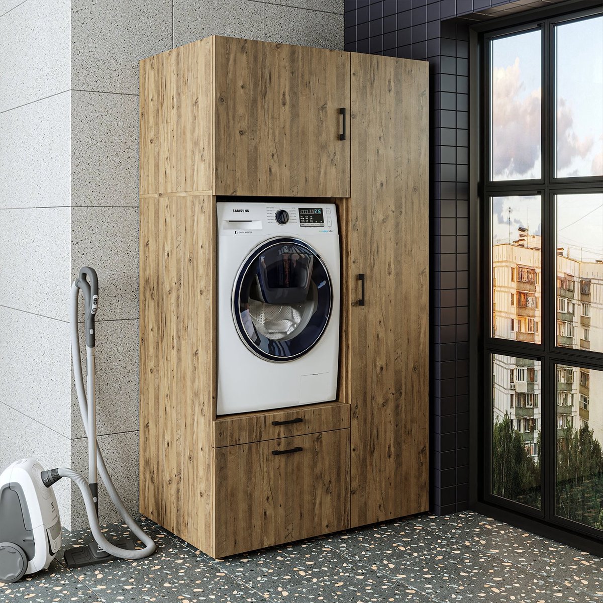 Roomart SERIE 2 Wasmachine Ombouwkast 112x205 cm - met Hoge Kast 45 - Eiken