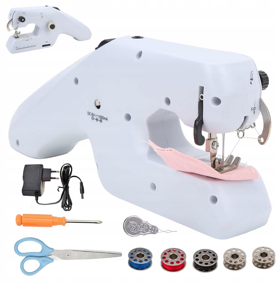 Elektrische Handnaaimachine - Mini Naaimachine - Compact Naaigerei - Automatisch Spoelen - Werkt op 4 AA Batterijen of Adapter - Voor Kleding, Broeken en Tassen