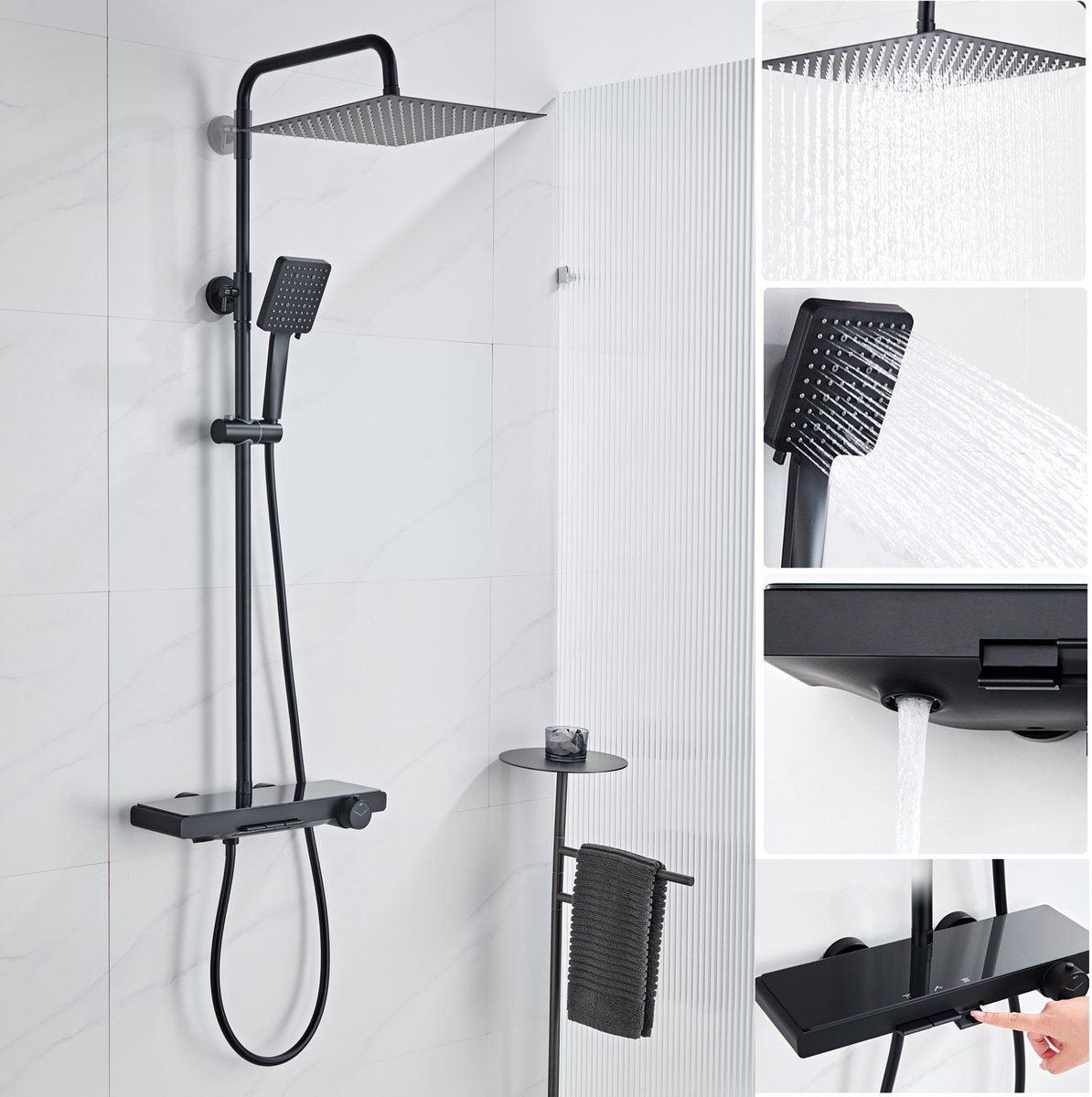 Auralum Max Luxe Regendouche met Thermostaatkraan - 12 Inch Douchekop - Regendoucheset Met Pianotoetsen En Planchet - Compleet Douchesysteem Met 6 standen Handdouche - Doucheset En Badkraan - Zwart