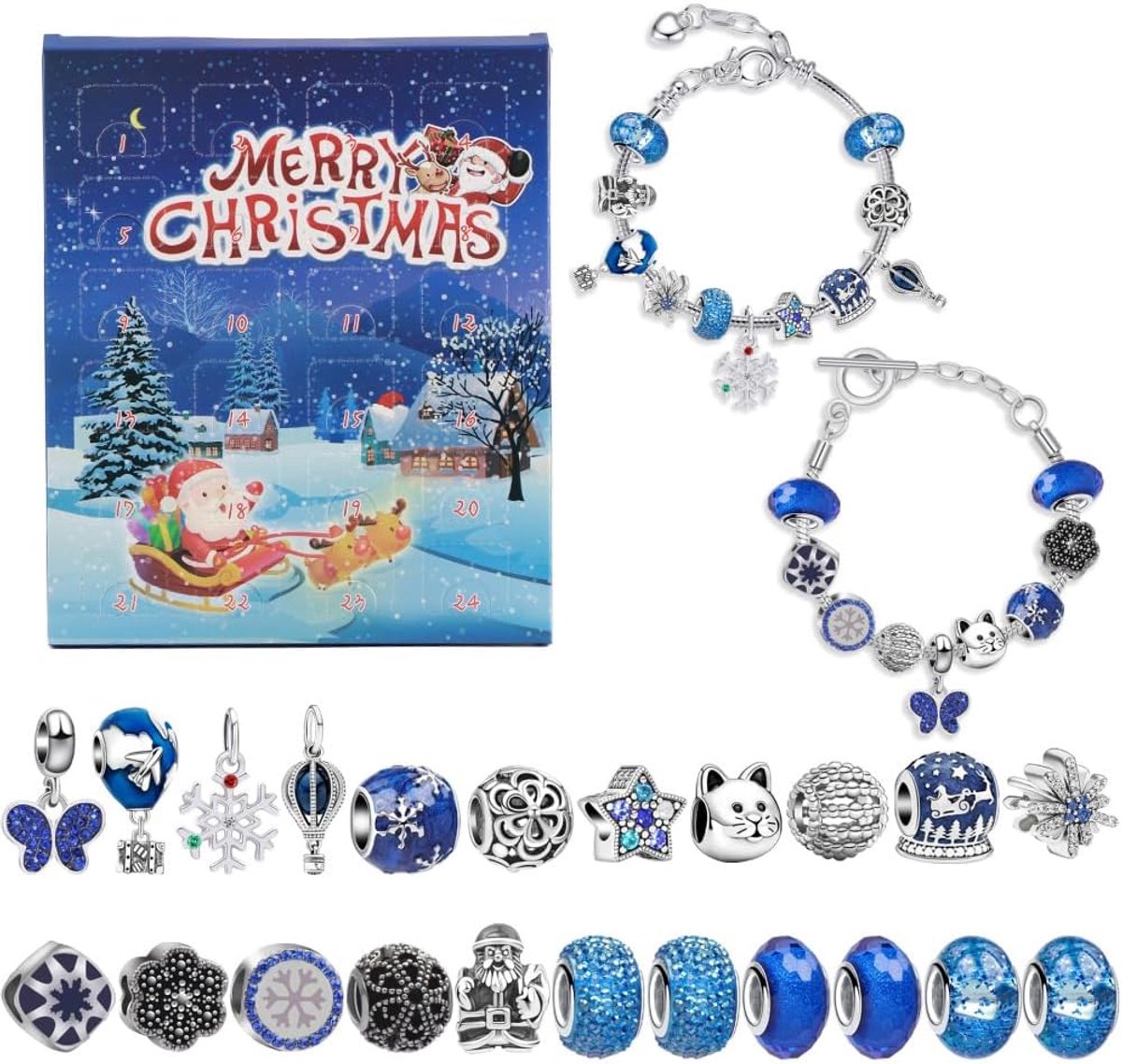 Kerstmis Adventskalender - Bedelarmband Maken Kit - 24 Dagen Countdown - DIY Sieraden voor Meisjes - 2 Armbanden en 22 Bedels - 1 stuk