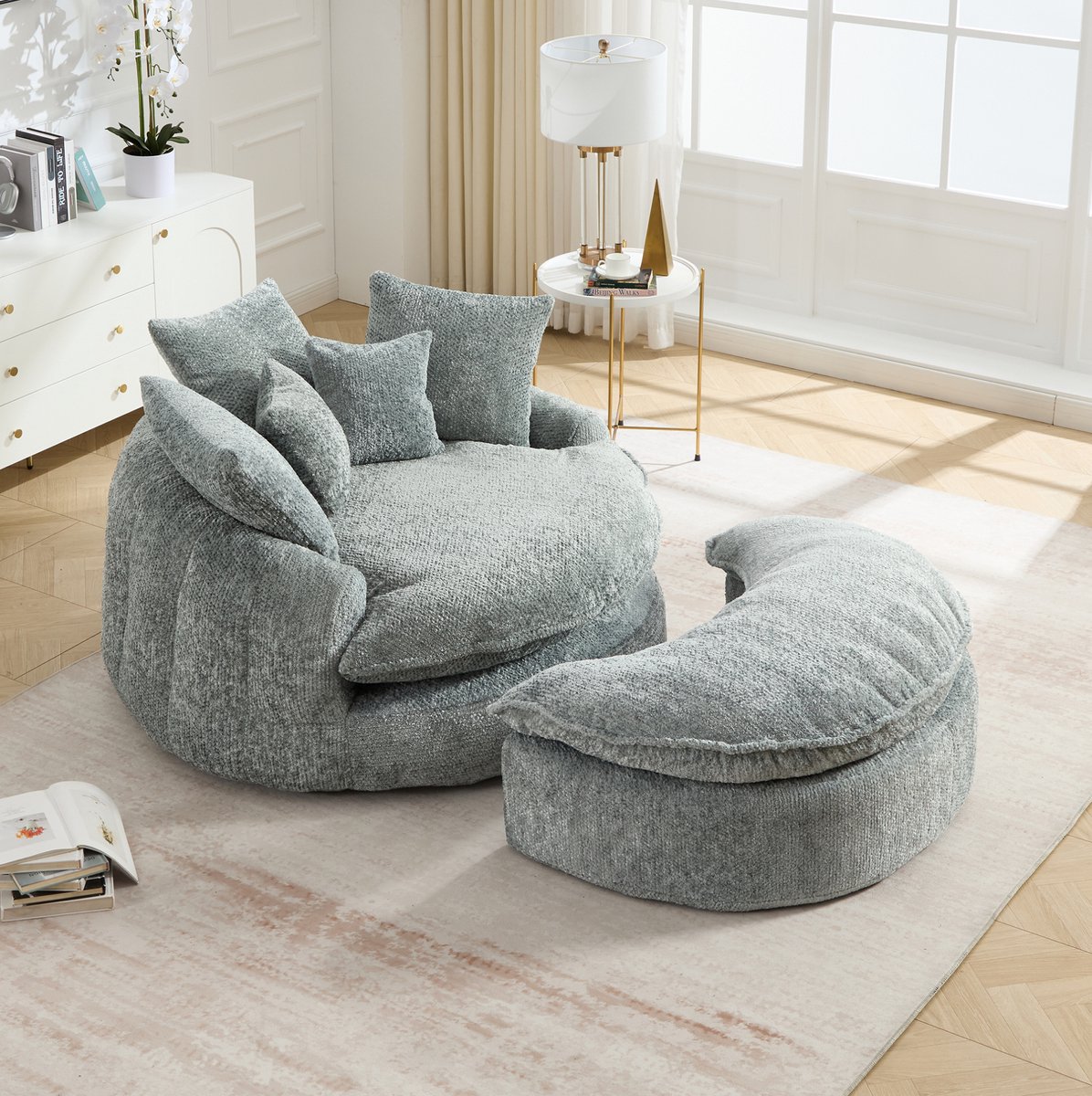 FloraGrace Fauteuil 190,5 x 138 x 63 cm - Handmatig Verstelbaar Met Hocker En Kussens - Voor Woonkamer En Lounge - Polyester - Blauwgrijs
