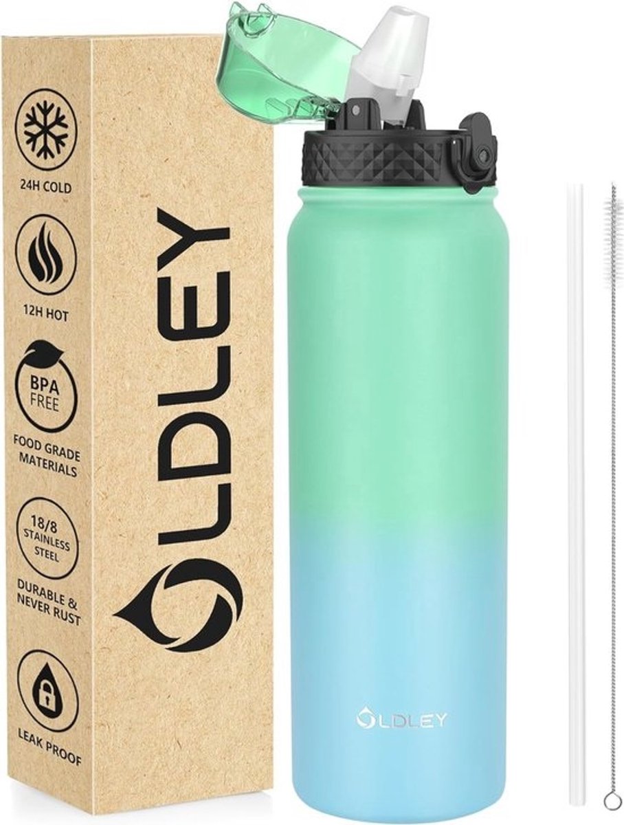 Roestvrijstalen vacuümgeïsoleerde waterfles - 1 liter - Met rietje - Lekvrij - Houdt dranken warm of koud - Voor sport en camping