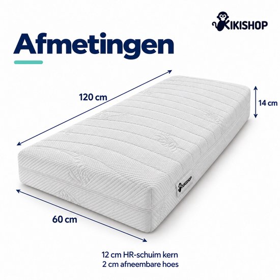 Afmetingen van de babymatras: 120 cm lengte, 60 cm breedte, 14 cm dikte, 12 cm HR-schuimkern.