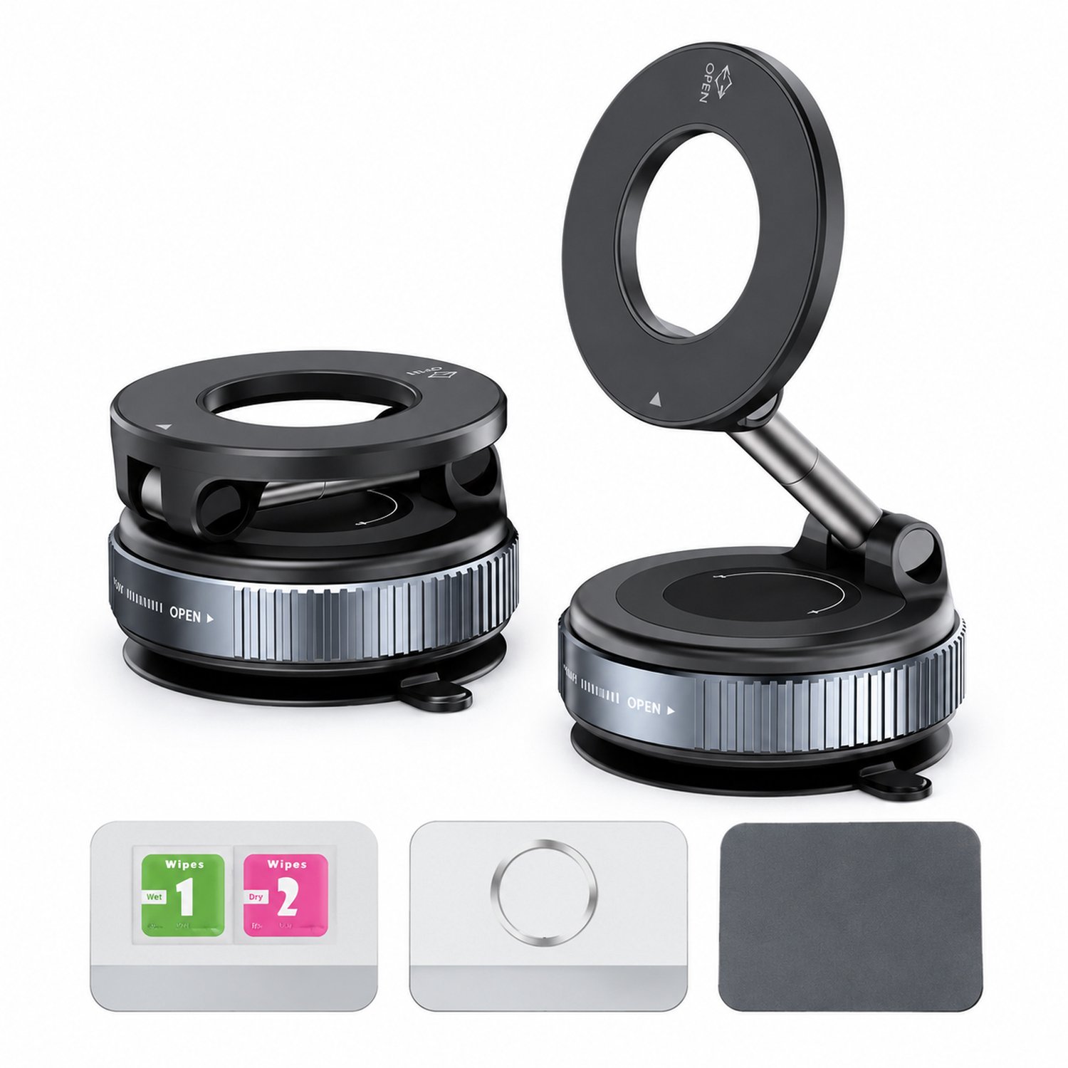 Mobiele telefoonhouder voor in de auto, zwart kunststof, met magnetische ring, draaibare verbinding, inklapbare arm en zuigvoet