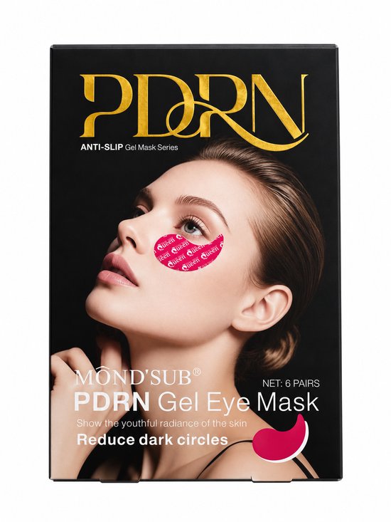 Zwarte verpakking voor 6 paar MÔND'SUB PDRN oogmaskers met een model dat roze gel-oogmaskers draagt.