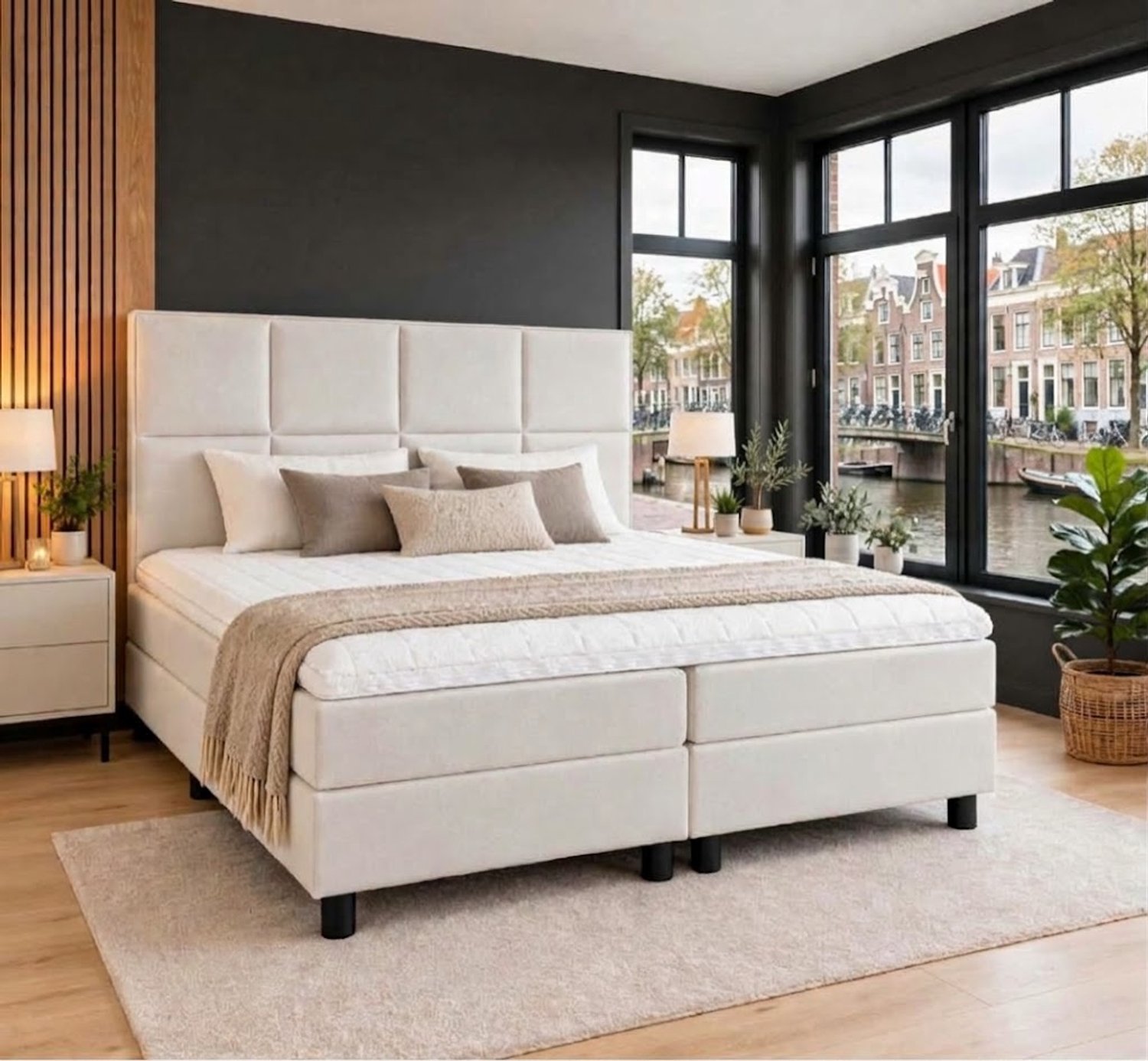 BalBedden Luxe Boxspring Paris - Compleet 180x200 - Beige- Boxspring met Gecapitonneerd Hoofdbord - Balbedden