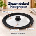 Glazen deksel met siliconen rand, stoomopening en tekst Glazen deksel inbegrepen, geschikt voor 24, 26 en 28 cm pannen.