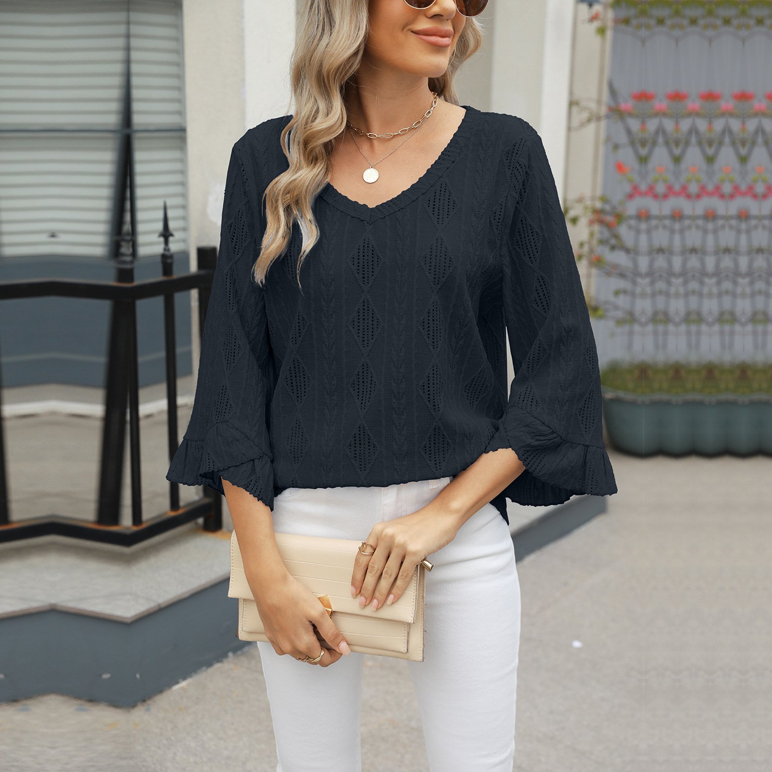 SUNMOOL Dames Blouse - Dames Top - V hals - Zwart- Maat : 2XL