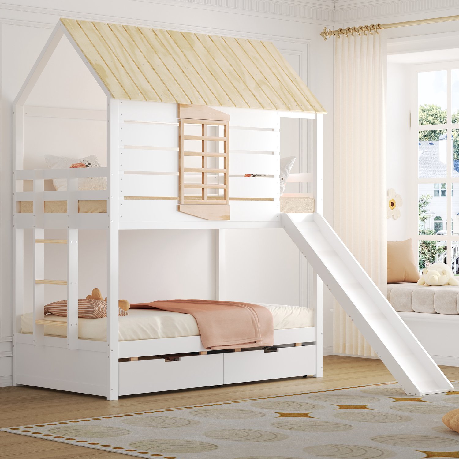 Kinderbed, Eenpersoonsbed, 90X200 Huis-stapelbed met glijbaan en 2 lades, Wit+Naturel