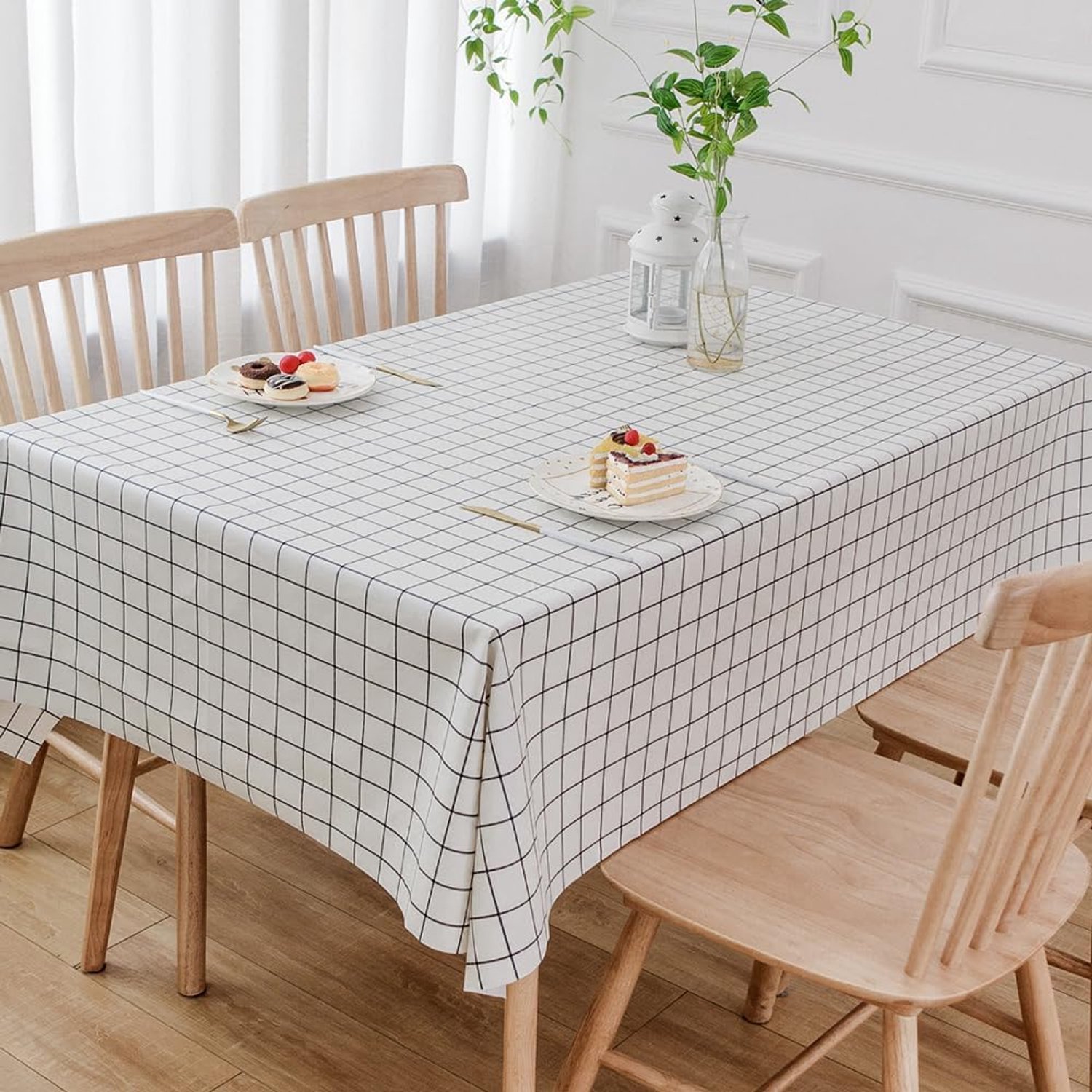 Robuust vinyl tafelkleed – Afneembaar en waterdicht tafelkleed voor rechthoekige keukentafels (47 x 62 inch, wit ruitpatroon)