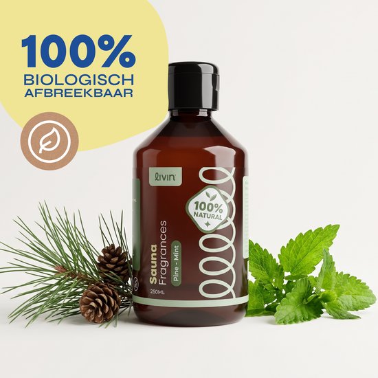 Fles 100% biologisch afbreekbare saunageur naast dennenappels en verse muntblaadjes.