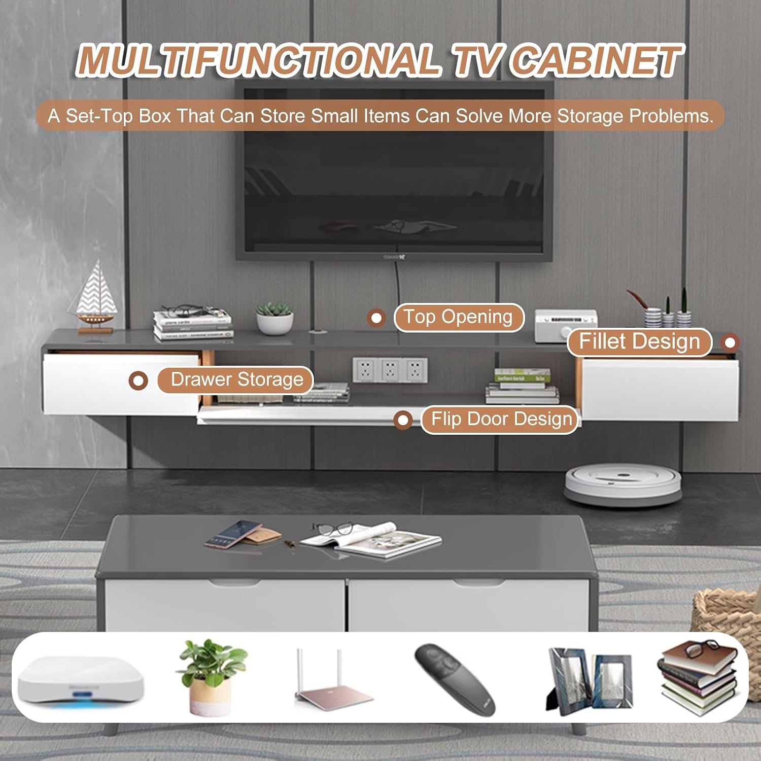 Luxe Zwevend TV-Meubel met Verstopte Opbergvakken – Modern Wandgemonteerd Mediadressoir met Ruime Lade en Open Vakken – Strak Cable Management met Gouden Kabeldoorvoer – Ecologisch Massief Hout – Verkrijgbaar in 140 cm en 200 cm (Sneeuwwit)