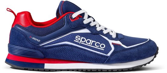 Sparco S-Road sneaker in blauw, rood en wit suède en mesh met veters en 'Sparco' logo op de zijkant.