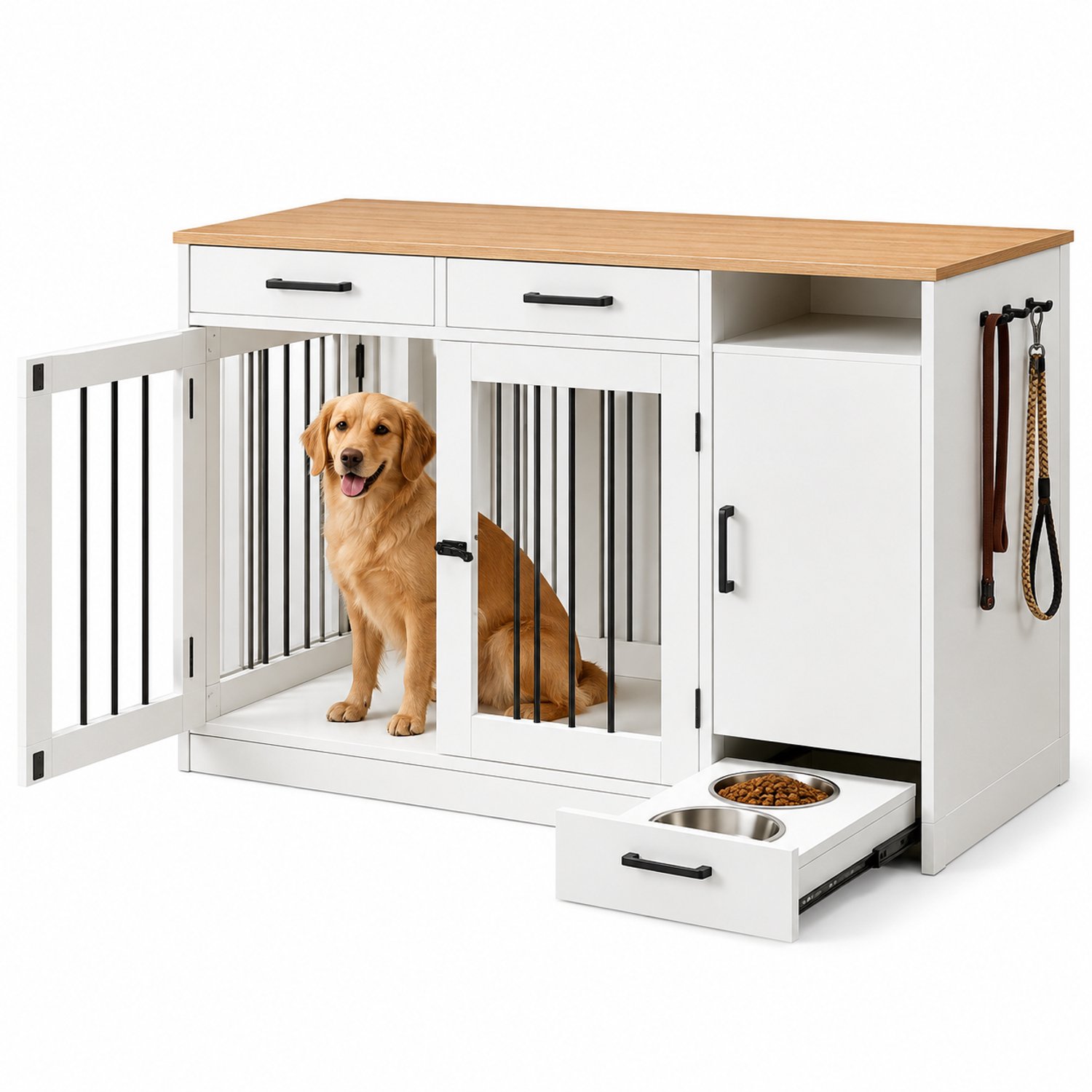 VILIMA - Honden bench meubel - Hondenbench - Luxe - 125x60x88 cm - Lades - Opbergruimte - Kleine tot middelgrote honden - Wit