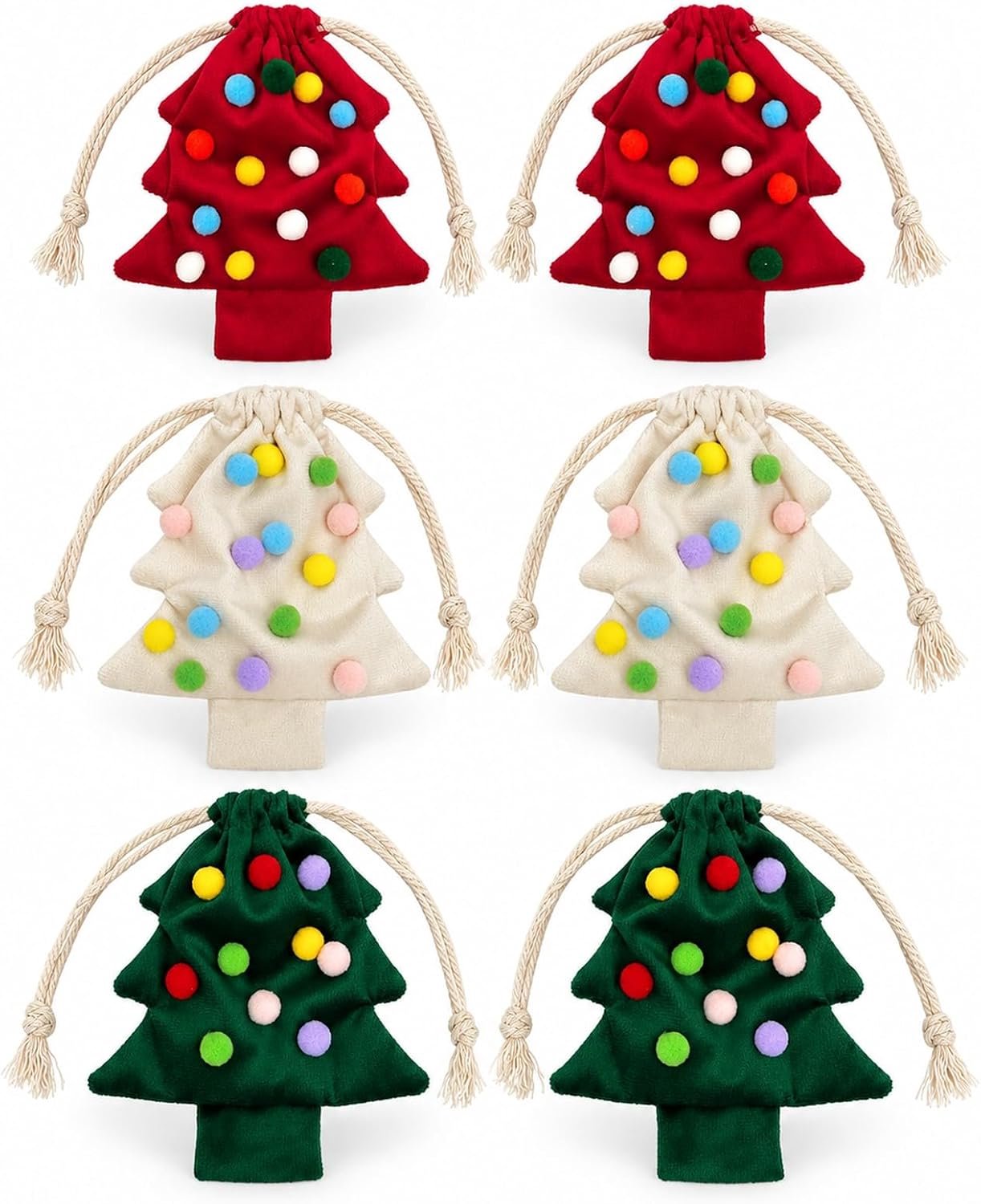 Set van 6 kerstboomhangers: zakjes met trekkoord, versierd met pompons en belletjes