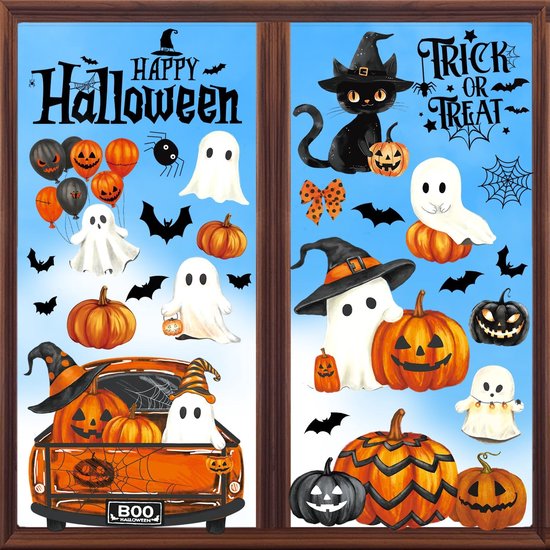 Halloween raamstickers: oranje truck met spoken, pompoenen, vleermuizen en 'Happy Halloween' tekst.