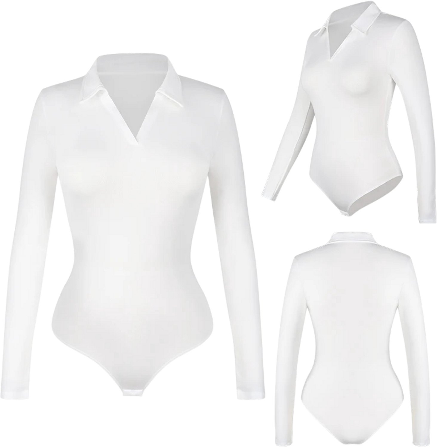 rimmo Dames Bodysuit met Revers en Lange Mouwen – Corrigerende Shapewear Body, Getailleerde Top, Casual Damesmode voor Herfst en Winter - Wit