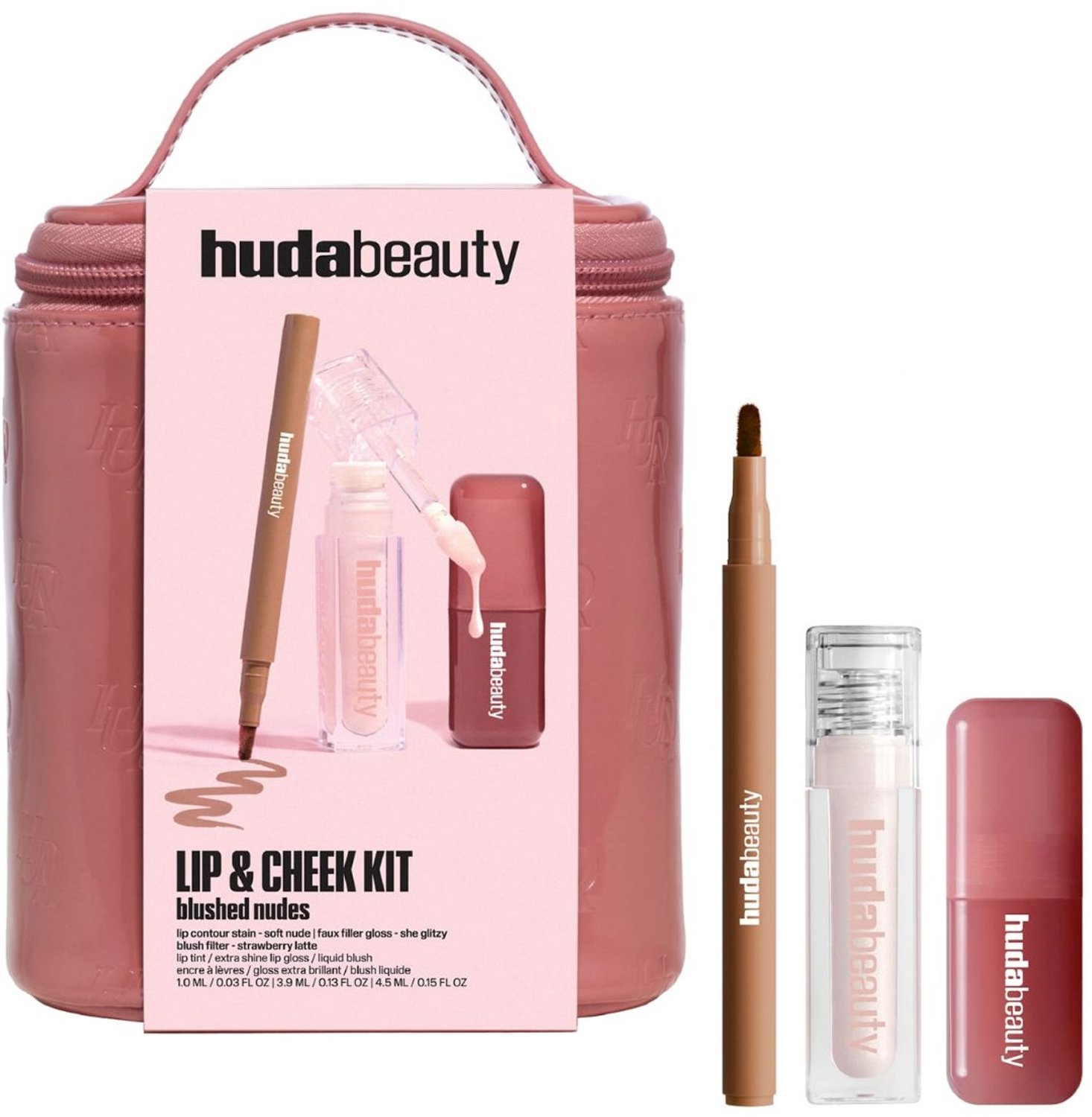 HUDA BEAUTY - Lip & Cheek Blushed Nudes Kit - Lip contour stain, lipgloss en liquid blush - Limited Edition Make-up Cadeauset