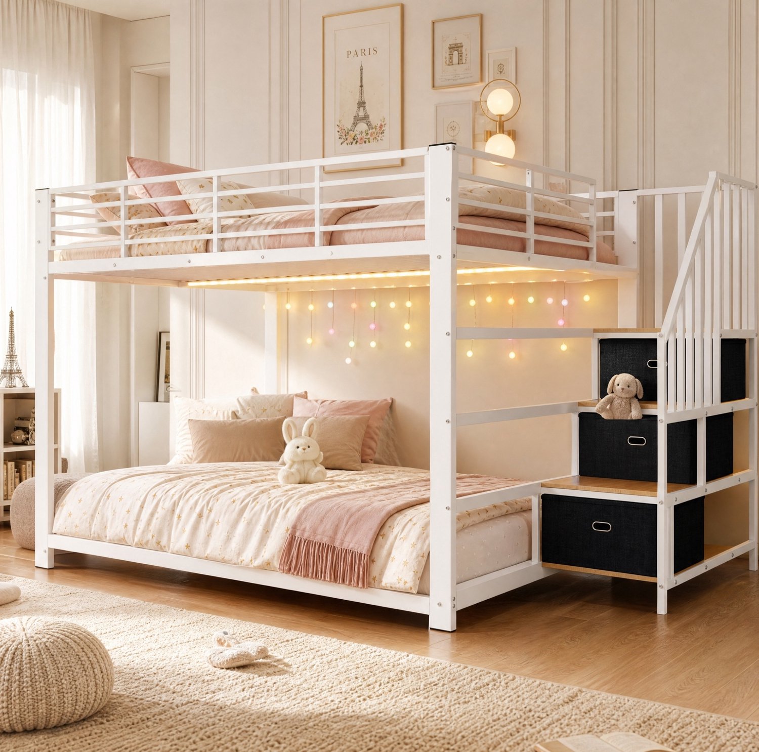 COVREO Stapelbed met opbergtrap – 140x200 cm – Hoog laag bed met LED en USB – Bed voor volwassenen – Wit en walnoot - zonder matras