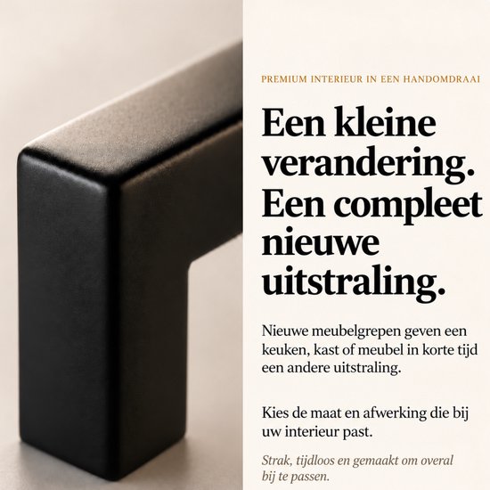 Strakke matzwarte L-vormige meubelgreep. Tekst: Een kleine verandering. Een compleet nieuwe uitstraling.